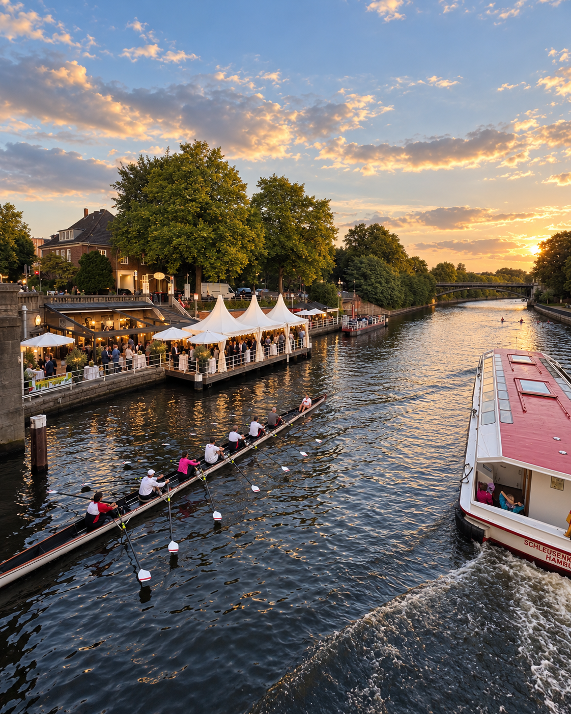 Feier auf der Terrasse des Café Leinpfad am Alsterlauf bei Sonnenuntergang