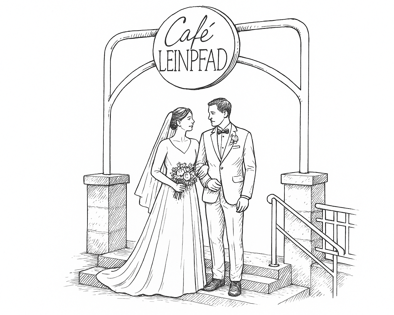 Illustration eines Brautpaars unter dem Schriftzug Café Leinpfad